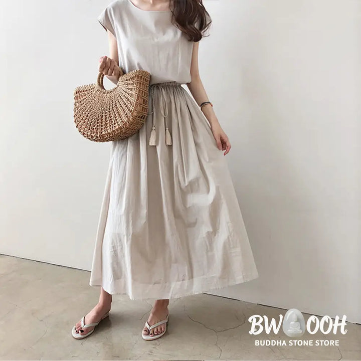 Buddha Stones Casual Eastic Waist Drawstring Design Short Sleeve Cotton Linen Midi Dress - Midi Dress