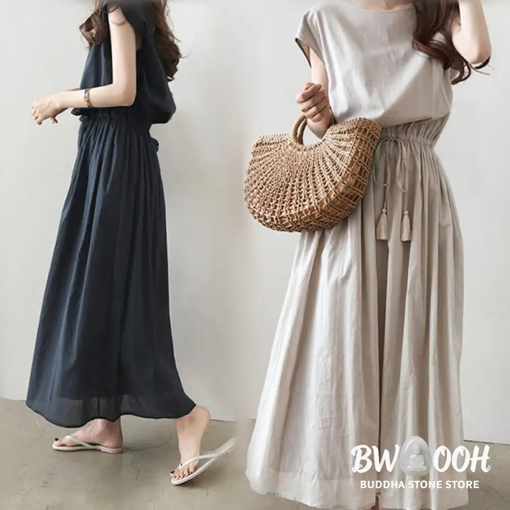 Buddha Stones Casual Eastic Waist Drawstring Design Short Sleeve Cotton Linen Midi Dress - Midi Dress