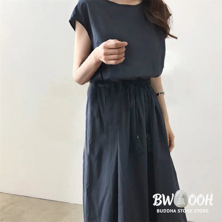 Buddha Stones Casual Eastic Waist Drawstring Design Short Sleeve Cotton Linen Midi Dress - Midi Dress
