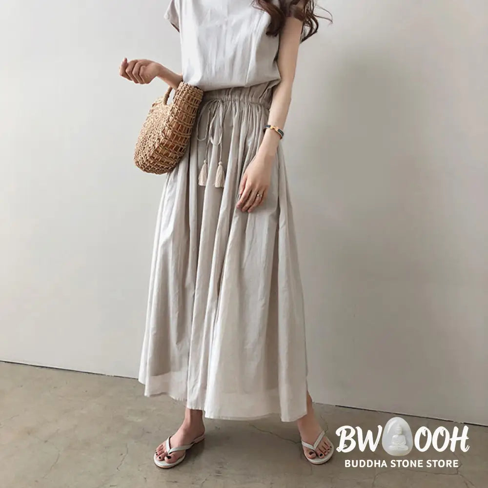 Buddha Stones Casual Eastic Waist Drawstring Design Short Sleeve Cotton Linen Midi Dress - Midi Dress