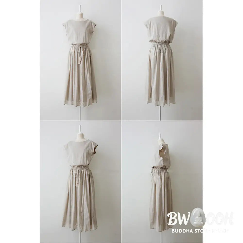 Buddha Stones Casual Eastic Waist Drawstring Design Short Sleeve Cotton Linen Midi Dress - Midi Dress