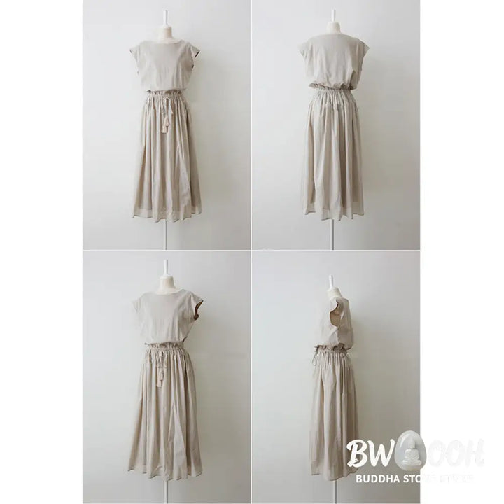 Buddha Stones Casual Eastic Waist Drawstring Design Short Sleeve Cotton Linen Midi Dress - Midi Dress