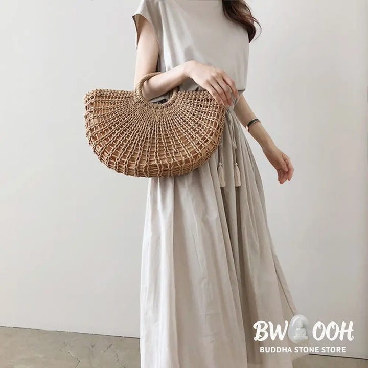 Buddha Stones Casual Eastic Waist Drawstring Design Short Sleeve Cotton Linen Midi Dress - Midi Dress