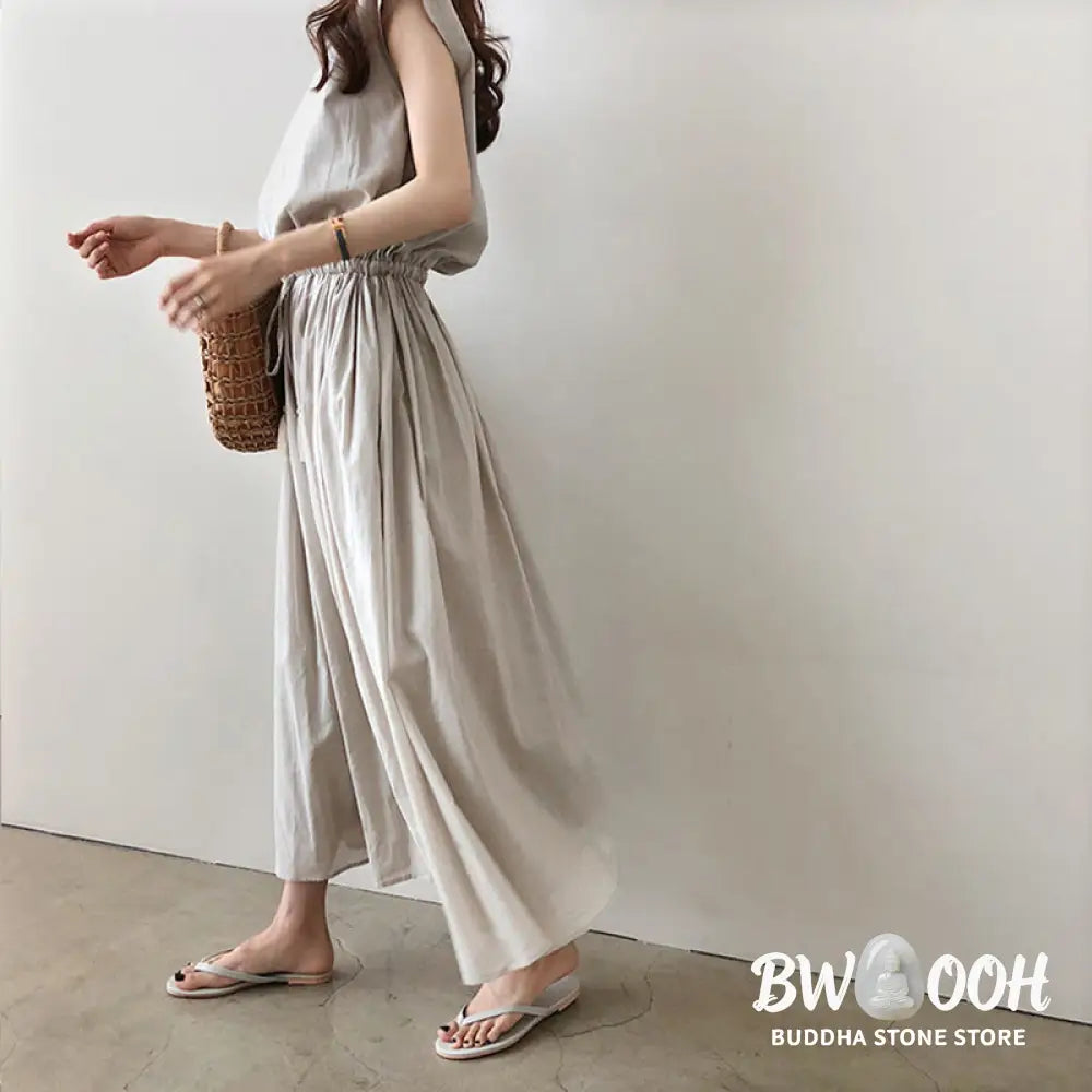 Buddha Stones Casual Eastic Waist Drawstring Design Short Sleeve Cotton Linen Midi Dress - Midi Dress