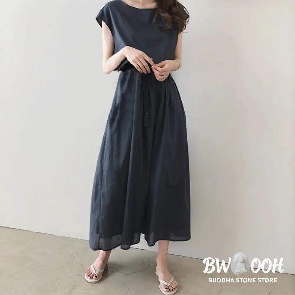 Buddha Stones Casual Eastic Waist Drawstring Design Short Sleeve Cotton Linen Midi Dress - Midi Dress
