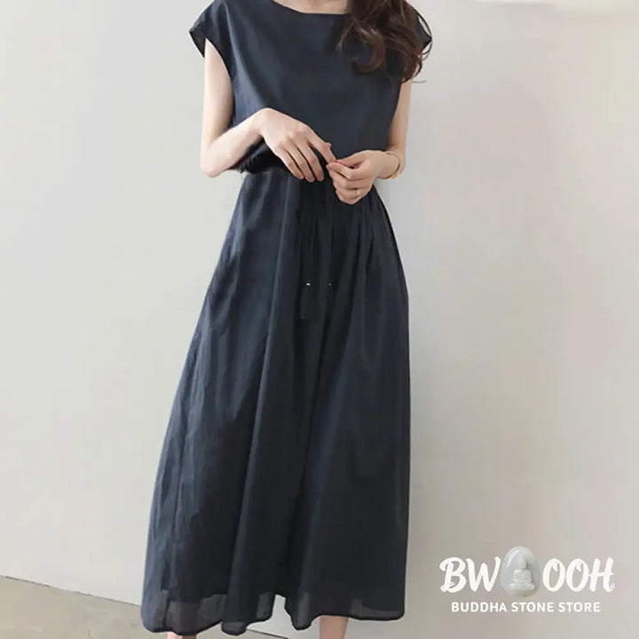 Buddha Stones Casual Eastic Waist Drawstring Design Short Sleeve Cotton Linen Midi Dress - Midi Dress