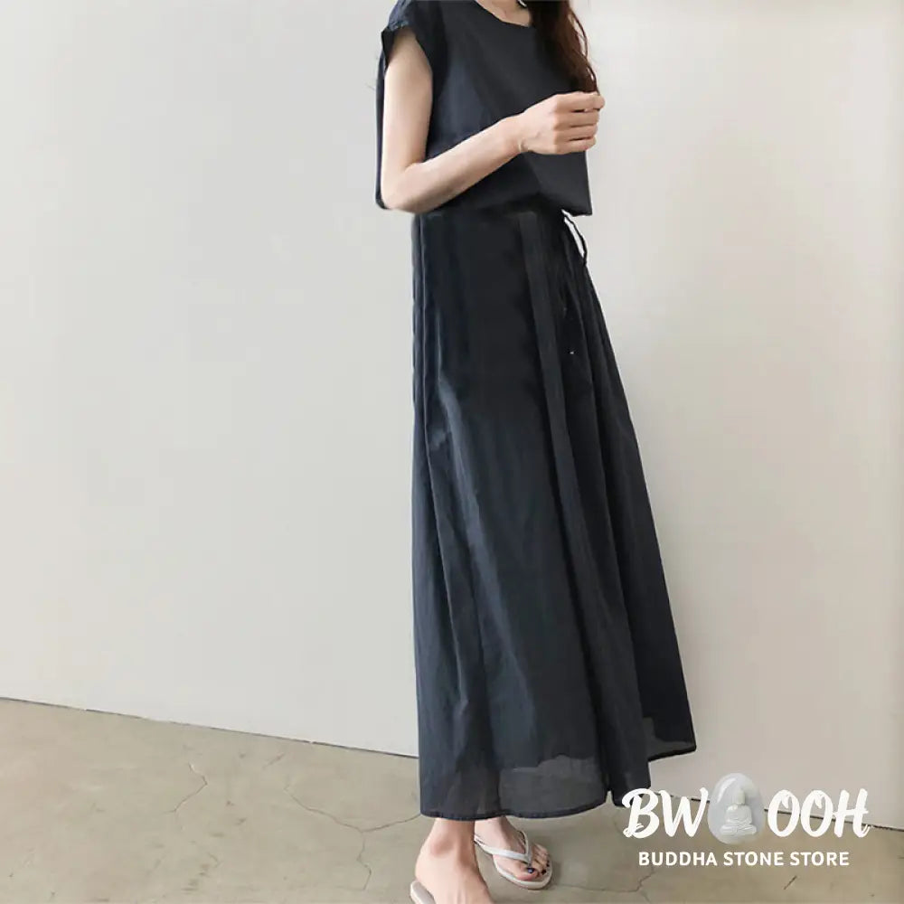 Buddha Stones Casual Eastic Waist Drawstring Design Short Sleeve Cotton Linen Midi Dress - Midi Dress