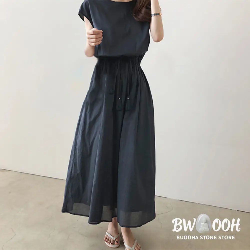 Buddha Stones Casual Eastic Waist Drawstring Design Short Sleeve Cotton Linen Midi Dress - Midi Dress