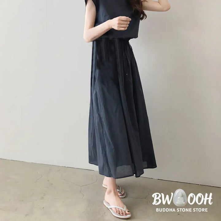 Buddha Stones Casual Eastic Waist Drawstring Design Short Sleeve Cotton Linen Midi Dress - Midi Dress
