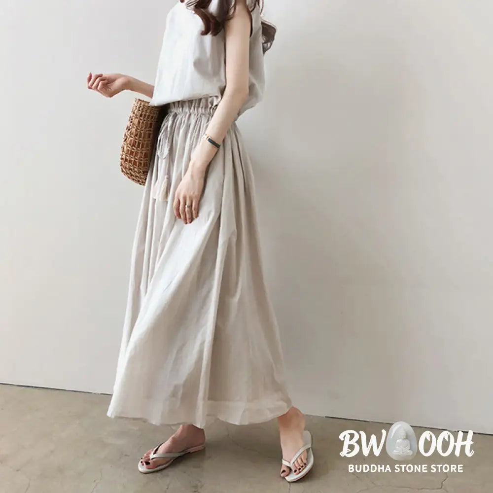 Buddha Stones Casual Eastic Waist Drawstring Design Short Sleeve Cotton Linen Midi Dress - Midi Dress