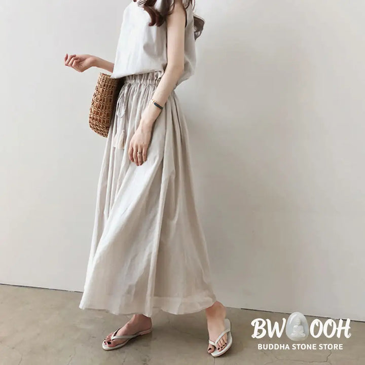 Buddha Stones Casual Eastic Waist Drawstring Design Short Sleeve Cotton Linen Midi Dress - Midi Dress