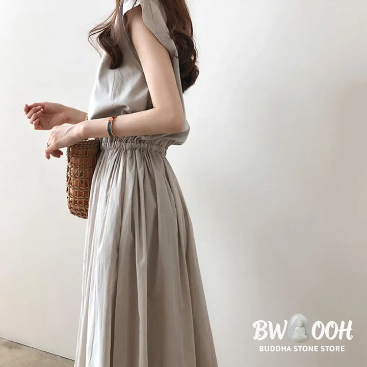 Buddha Stones Casual Eastic Waist Drawstring Design Short Sleeve Cotton Linen Midi Dress - Midi Dress