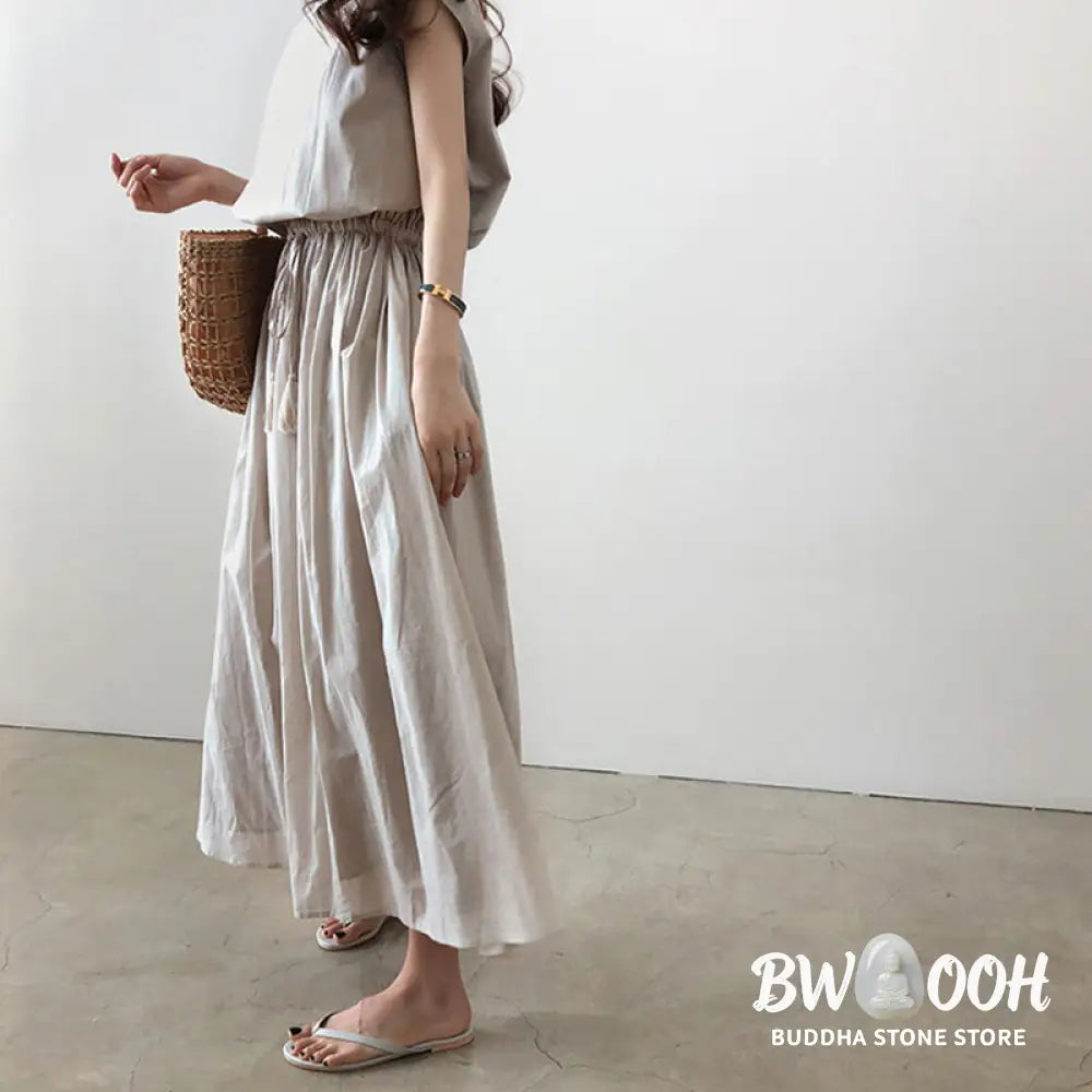 Buddha Stones Casual Eastic Waist Drawstring Design Short Sleeve Cotton Linen Midi Dress - Midi Dress