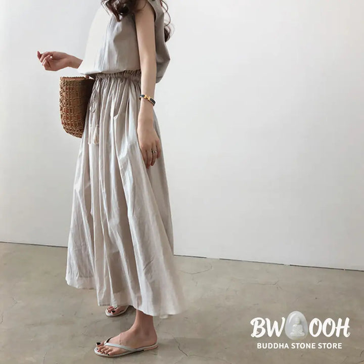 Buddha Stones Casual Eastic Waist Drawstring Design Short Sleeve Cotton Linen Midi Dress - Midi Dress