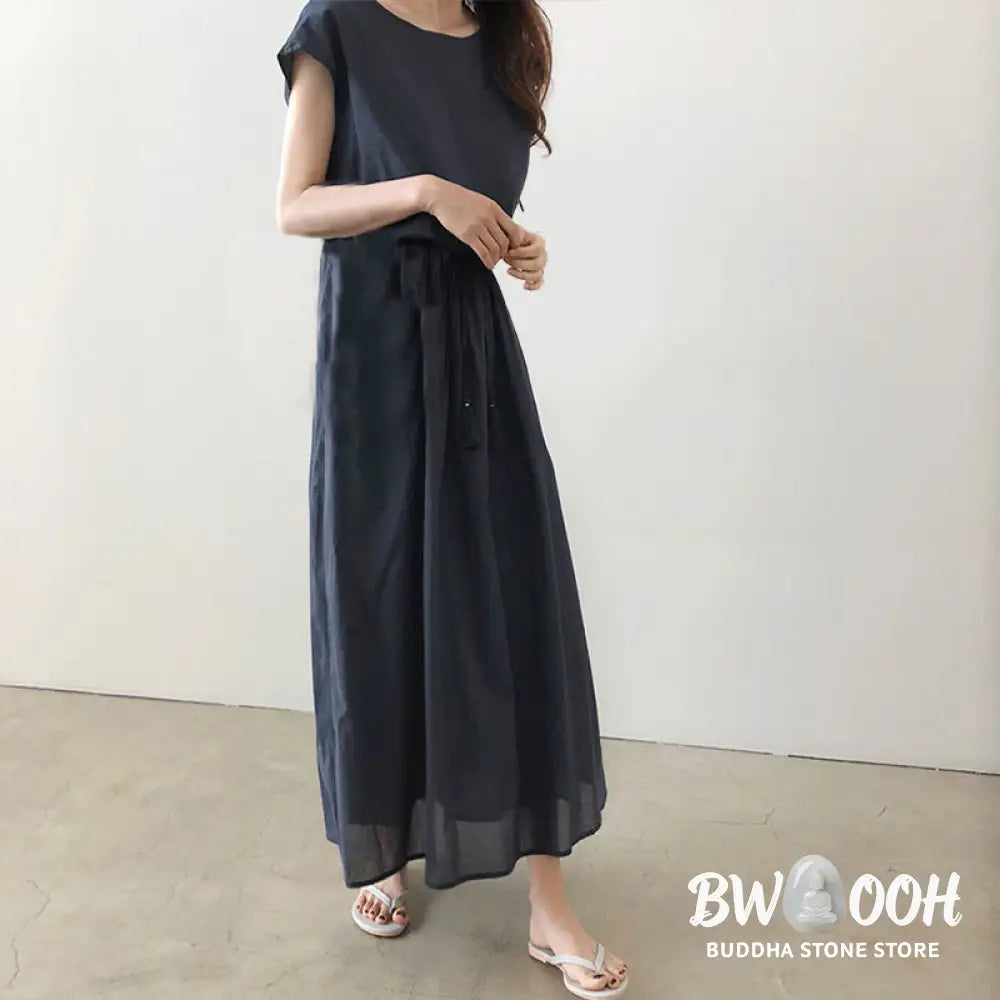 Buddha Stones Casual Eastic Waist Drawstring Design Short Sleeve Cotton Linen Midi Dress - Midi Dress