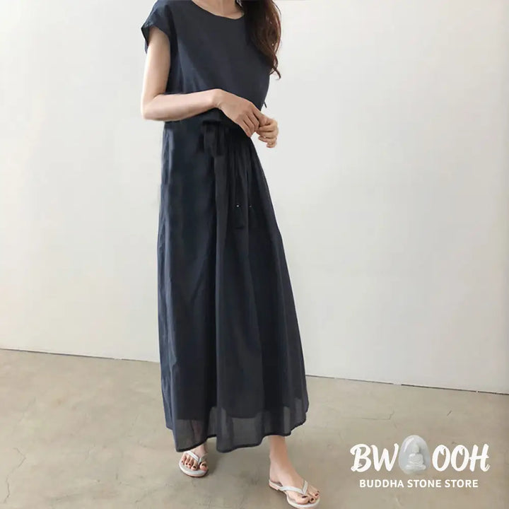 Buddha Stones Casual Eastic Waist Drawstring Design Short Sleeve Cotton Linen Midi Dress - Midi Dress