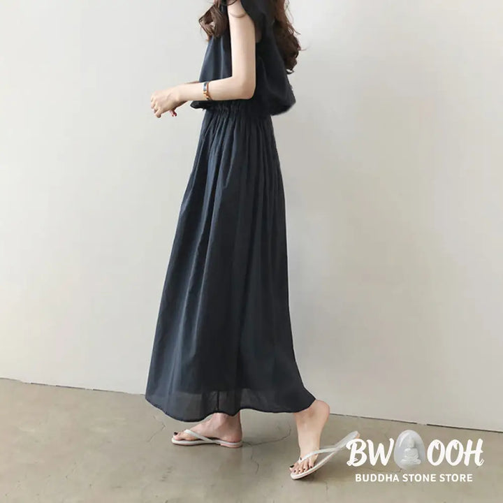 Buddha Stones Casual Eastic Waist Drawstring Design Short Sleeve Cotton Linen Midi Dress - Midi Dress