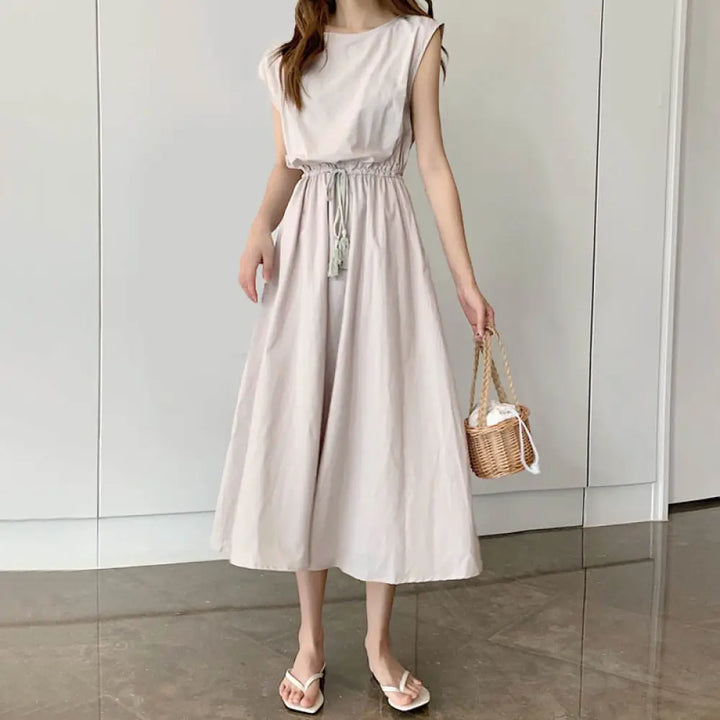 Buddha Stones Casual Eastic Waist Drawstring Design Short Sleeve Cotton Linen Midi Dress - AntiqueWhite