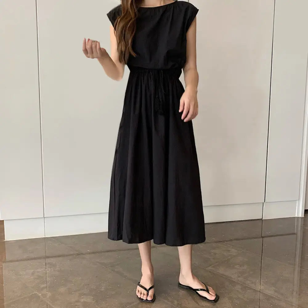 Buddha Stones Casual Eastic Waist Drawstring Design Short Sleeve Cotton Linen Midi Dress - Black / US4，UK/AU8，EU36 (L)
