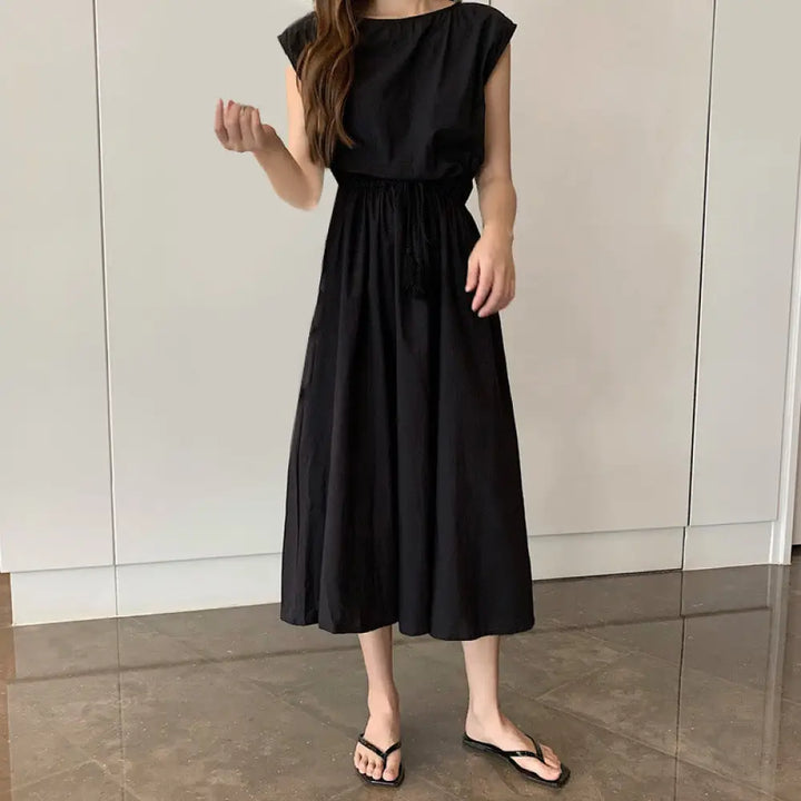 Buddha Stones Casual Eastic Waist Drawstring Design Short Sleeve Cotton Linen Midi Dress - Black / US4，UK/AU8，EU36 (L)