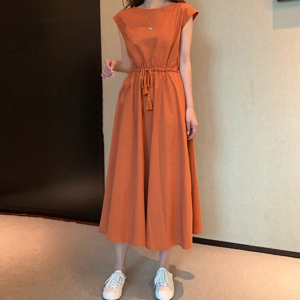 Buddha Stones Casual Eastic Waist Drawstring Design Short Sleeve Cotton Linen Midi Dress - DarkOrange / US4，UK/AU8，EU36
