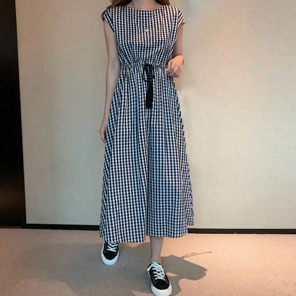 Buddha Stones Casual Eastic Waist Drawstring Design Short Sleeve Cotton Linen Midi Dress - Gray / US4，UK/AU8，EU36 (L)