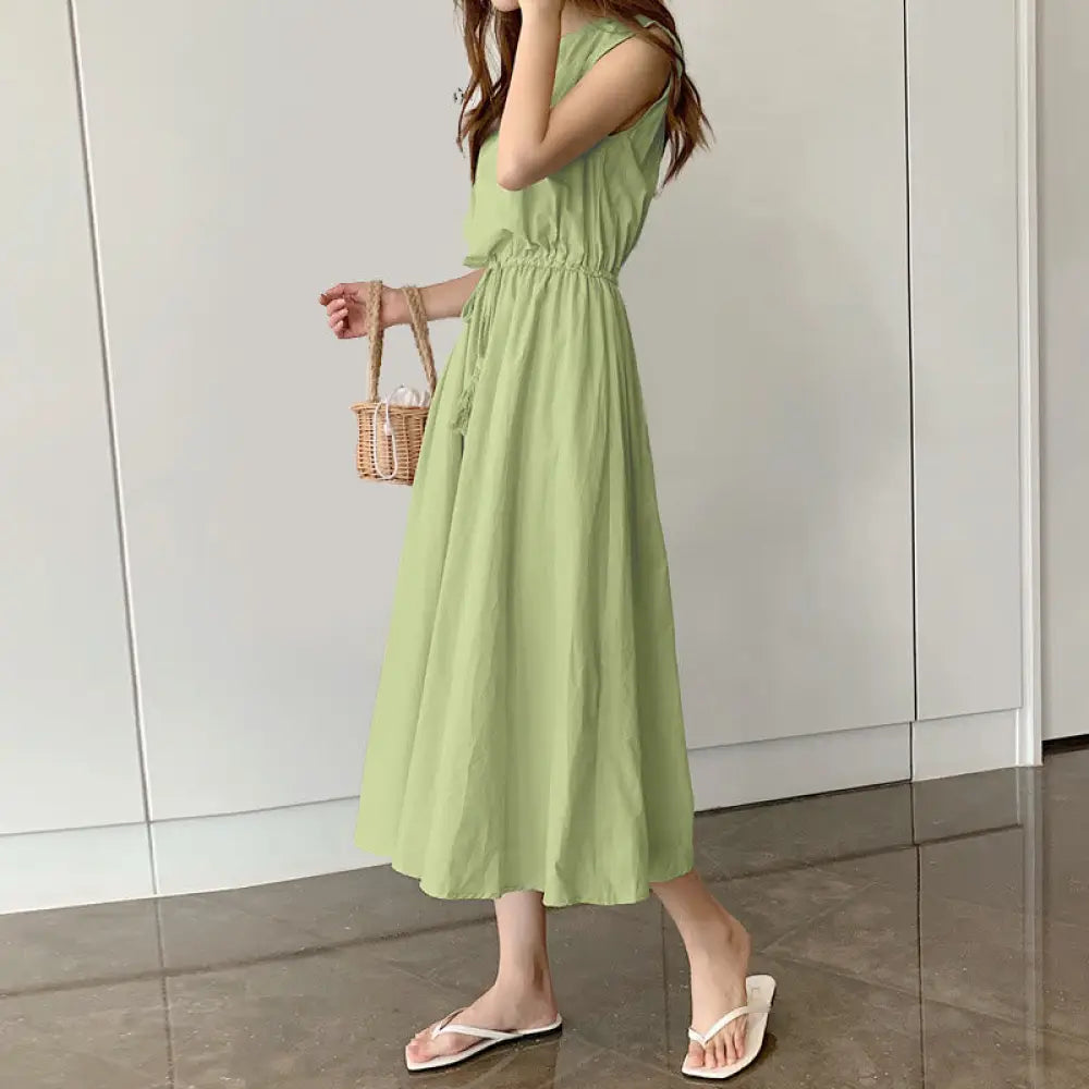Buddha Stones Casual Eastic Waist Drawstring Design Short Sleeve Cotton Linen Midi Dress - LightGreen / US4，UK/AU8，EU36