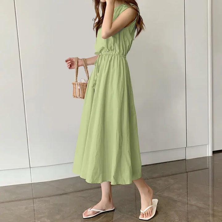 Buddha Stones Casual Eastic Waist Drawstring Design Short Sleeve Cotton Linen Midi Dress - LightGreen / US4，UK/AU8，EU36