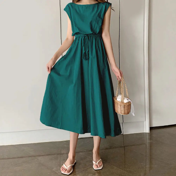 Buddha Stones Casual Eastic Waist Drawstring Design Short Sleeve Cotton Linen Midi Dress - LightSeaGreen