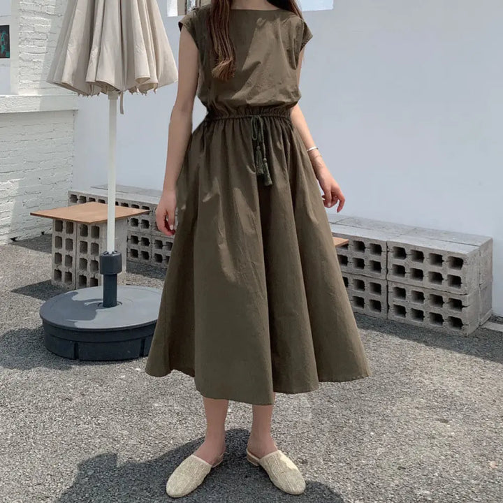 Buddha Stones Casual Eastic Waist Drawstring Design Short Sleeve Cotton Linen Midi Dress - Olive / US4，UK/AU8，EU36 (L)