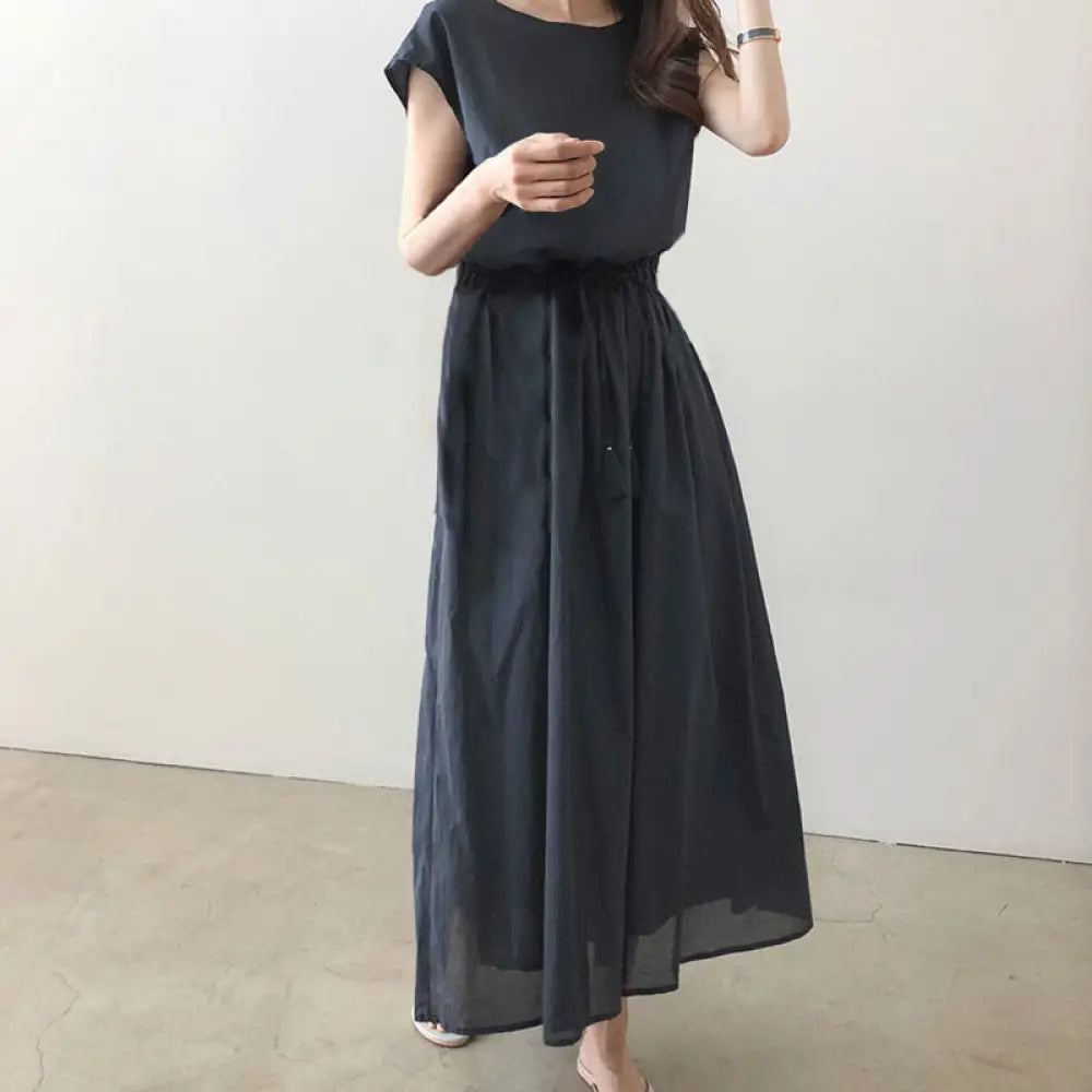 Buddha Stones Casual Eastic Waist Drawstring Design Short Sleeve Cotton Linen Midi Dress - SteelBlue / US4，UK/AU8，EU36