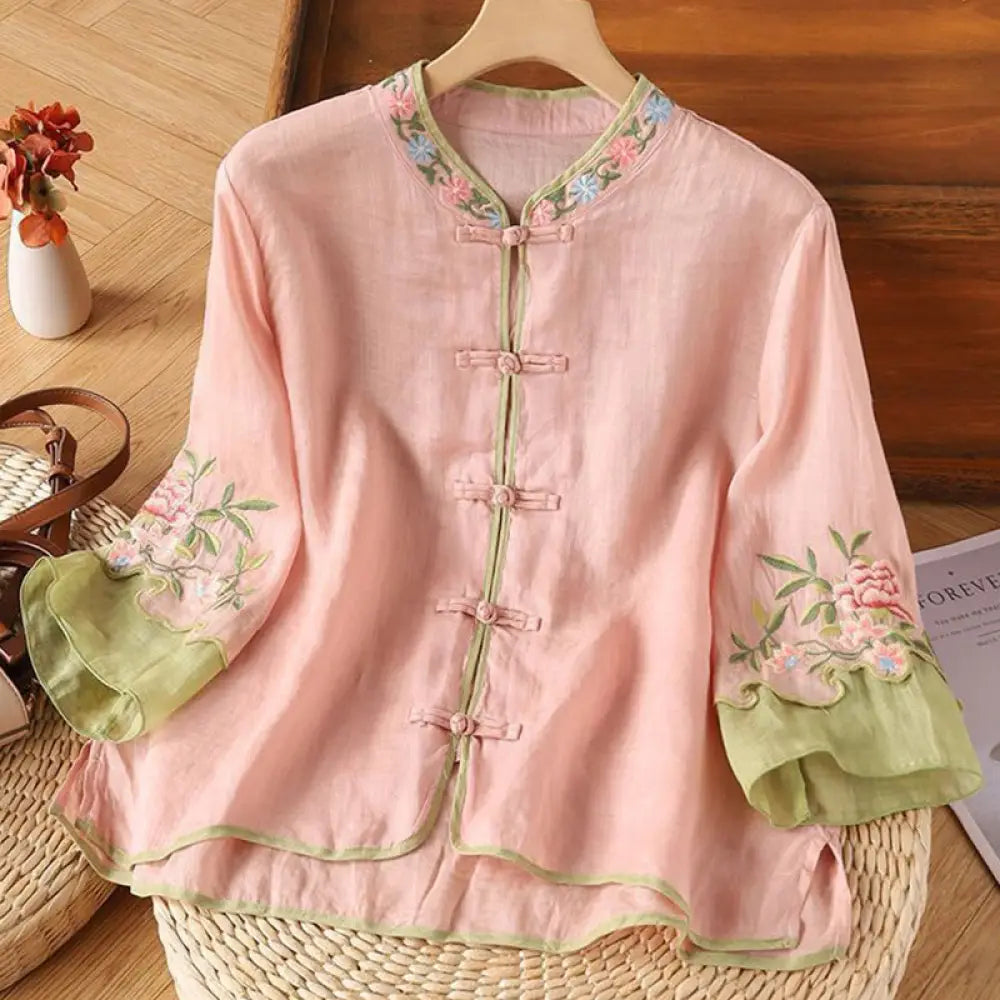 Buddha Stones Casual Embroidered Flowers Leaves Frog Button Three Quarter Sleeve Cotton Women’s Shirt - Pink