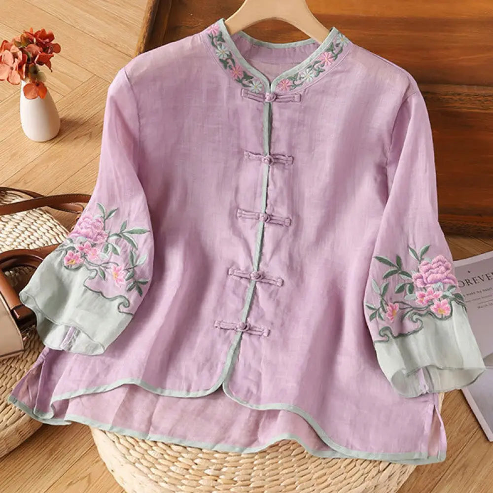 Buddha Stones Casual Embroidered Flowers Leaves Frog Button Three Quarter Sleeve Cotton Women’s Shirt - Plum