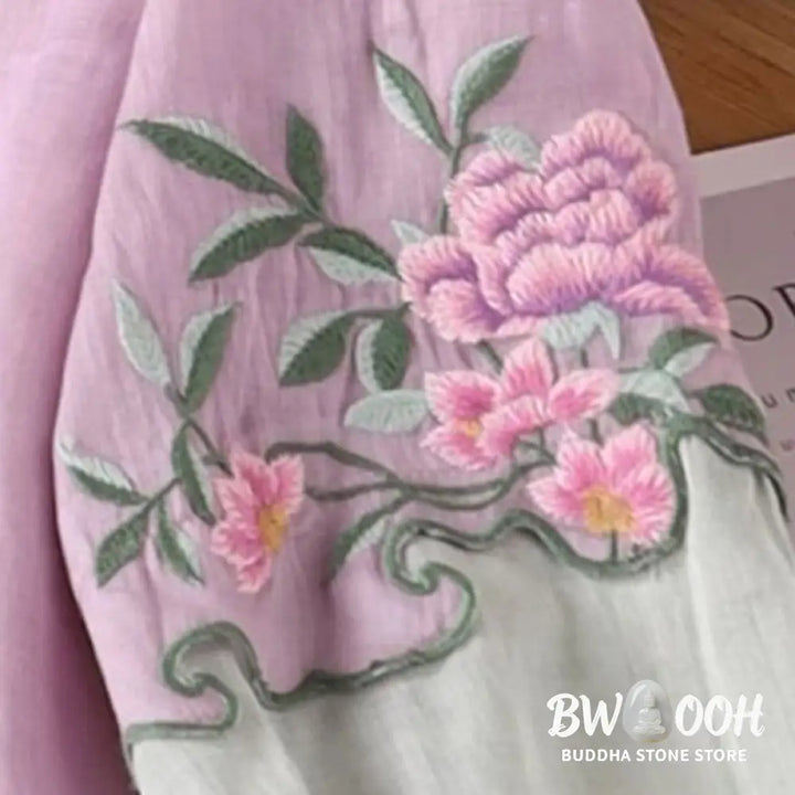 Buddha Stones Casual Embroidered Flowers Leaves Frog Button Three Quarter Sleeve Cotton Women’s Shirt - Women’s Shirts