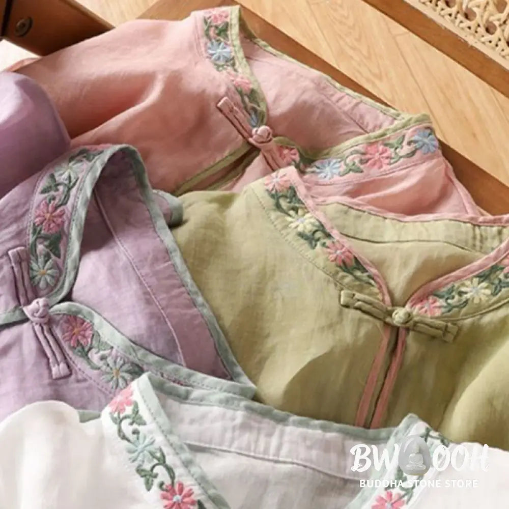 Buddha Stones Casual Embroidered Flowers Leaves Frog Button Three Quarter Sleeve Cotton Women’s Shirt - Women’s Shirts