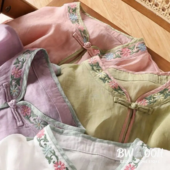Buddha Stones Casual Embroidered Flowers Leaves Frog Button Three Quarter Sleeve Cotton Women’s Shirt - Women’s Shirts