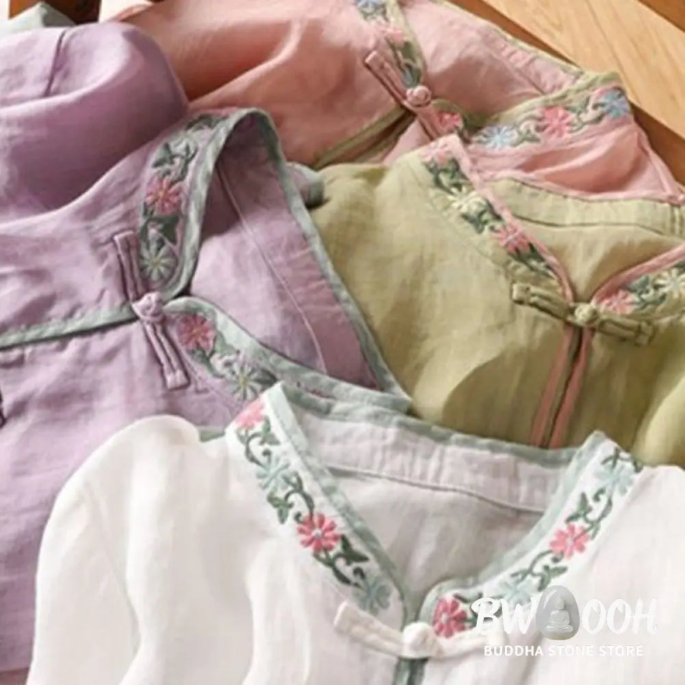 Buddha Stones Casual Embroidered Flowers Leaves Frog Button Three Quarter Sleeve Cotton Women’s Shirt - Women’s Shirts