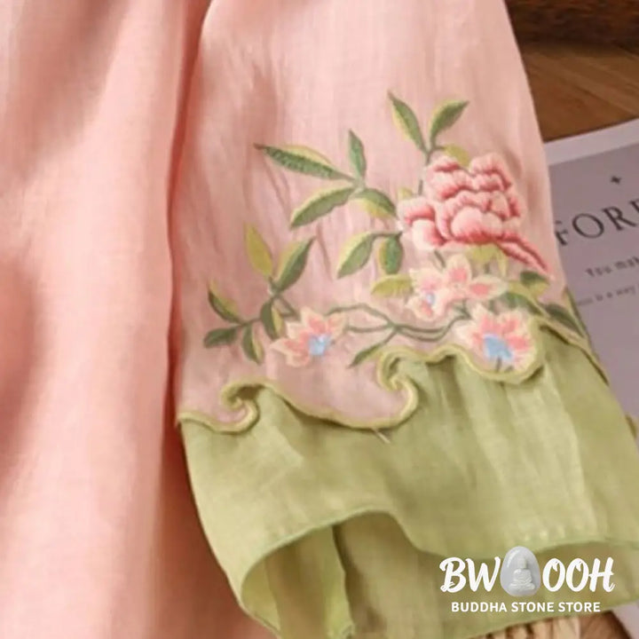 Buddha Stones Casual Embroidered Flowers Leaves Frog Button Three Quarter Sleeve Cotton Women’s Shirt - Women’s Shirts