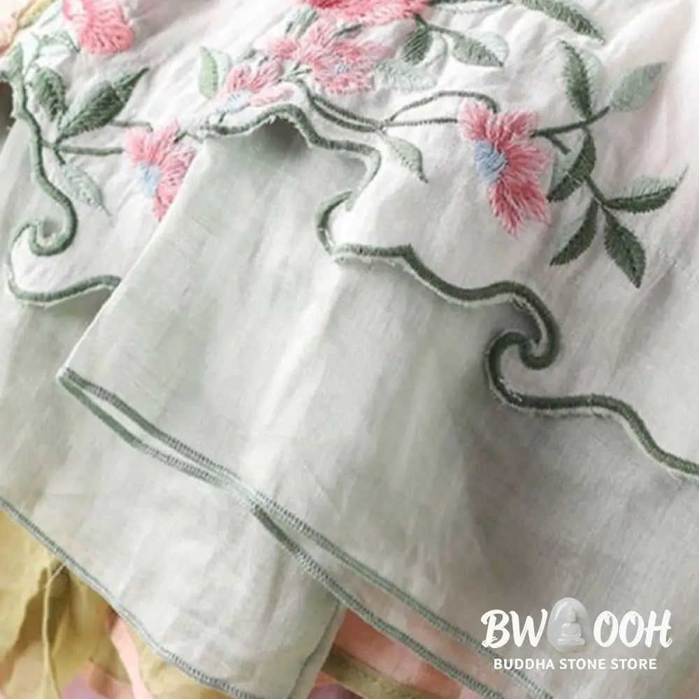 Buddha Stones Casual Embroidered Flowers Leaves Frog Button Three Quarter Sleeve Cotton Women’s Shirt - Women’s Shirts