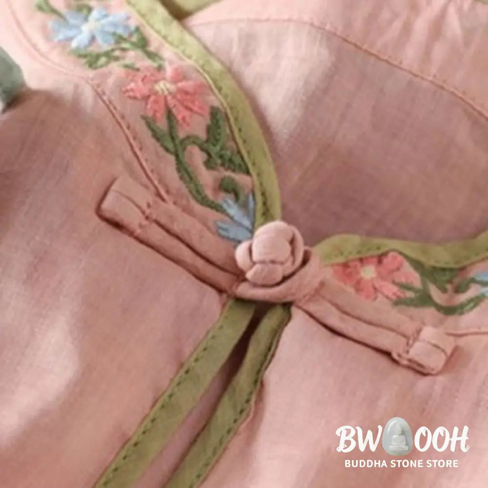 Buddha Stones Casual Embroidered Flowers Leaves Frog Button Three Quarter Sleeve Cotton Women’s Shirt - Women’s Shirts