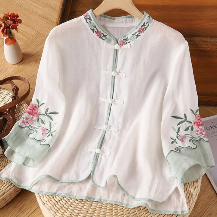 BWOOOH Casual Embroidered Flowers Leaves Frog Button Thre