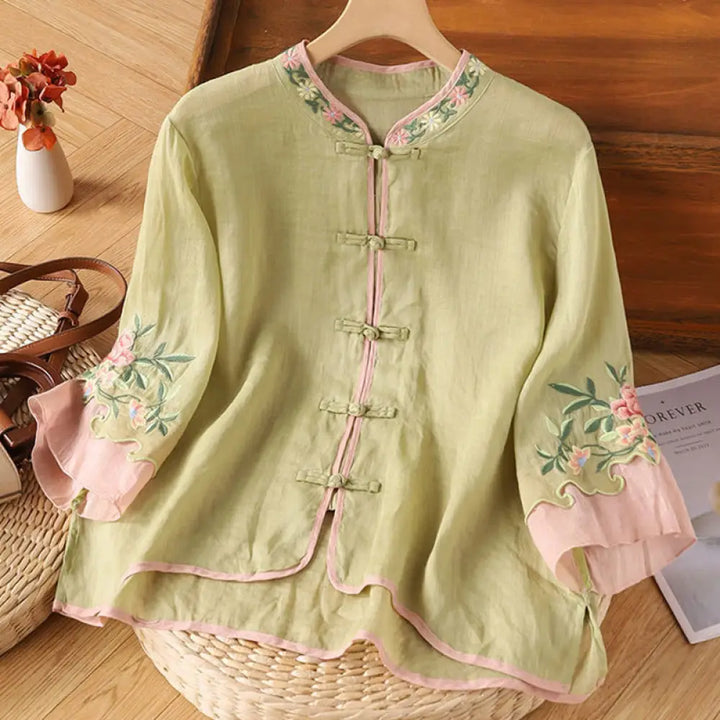 Buddha Stones Casual Embroidered Flowers Leaves Frog Button Three Quarter Sleeve Cotton Women’s Shirt - YellowGreen