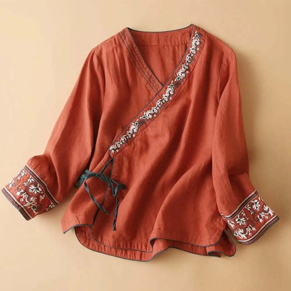 BWOOOH Casual Embroidered Flowers Slant Collar Strap Long