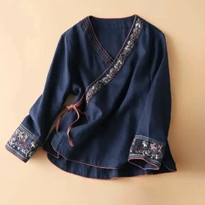 Buddha Stones Casual Embroidered Flowers Slant Collar Strap Long Sleeve Cotton Women&