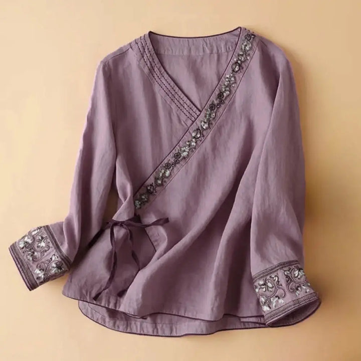 Buddha Stones Casual Embroidered Flowers Slant Collar Strap Long Sleeve Cotton Women&