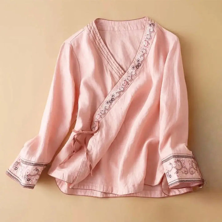 Buddha Stones Casual Embroidered Flowers Slant Collar Strap Long Sleeve Cotton Women&