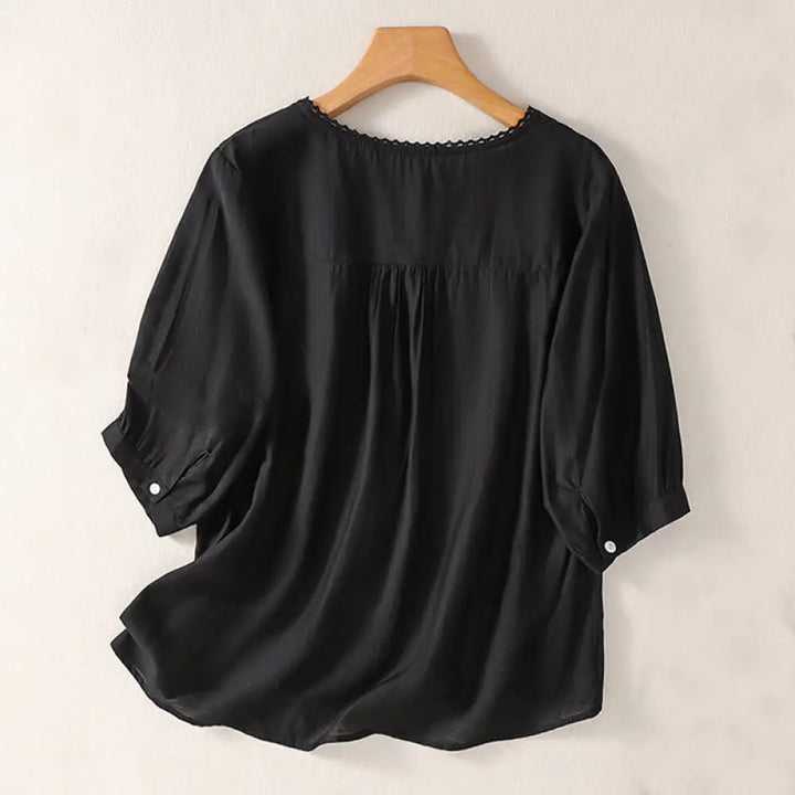 Buddha Stones Casual Embroidered Pattern Women’s V-neck Design Half Sleeve Cotton Linen T-shirt - Black