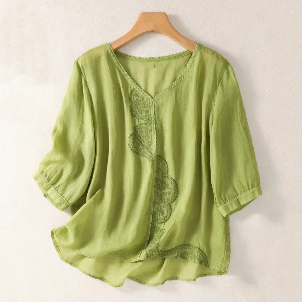 Buddha Stones Casual Embroidered Pattern Women’s V-neck Design Half Sleeve Cotton Linen T-shirt - YellowGreen