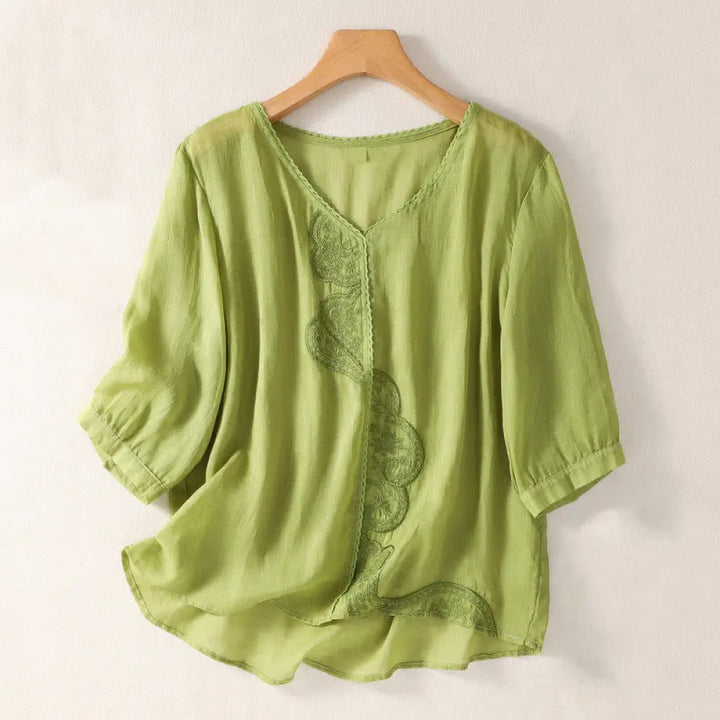 Buddha Stones Casual Embroidered Pattern Women’s V-neck Design Half Sleeve Cotton Linen T-shirt - YellowGreen