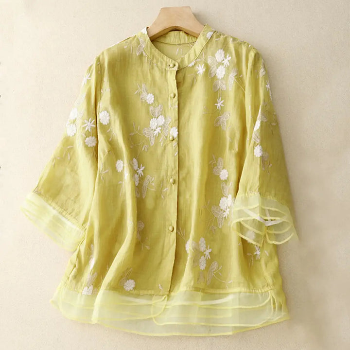 Buddha Stones Casual Embroidered Petals Spliced Organza Women’s Crew Neck Design Half Sleeve Cotton Cardigan Shirt